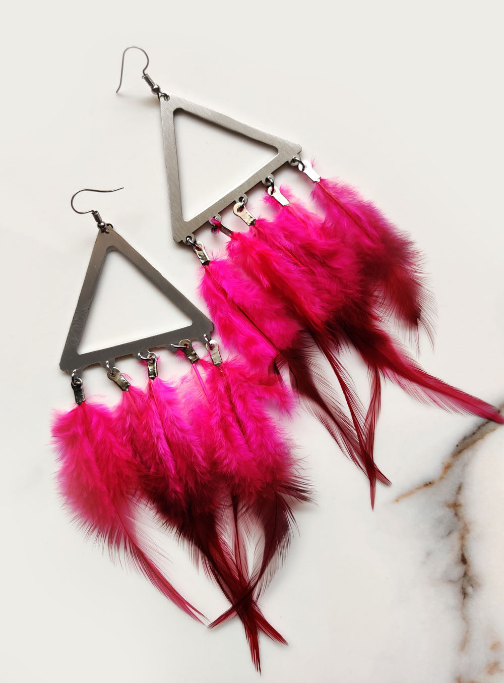 Hot Pink Feather Dangle Earrings